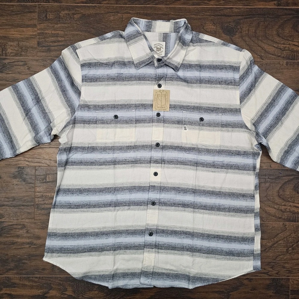 True Craft Mens XL‎ White Blue Striped Flannel Button Up Shirt Aztec